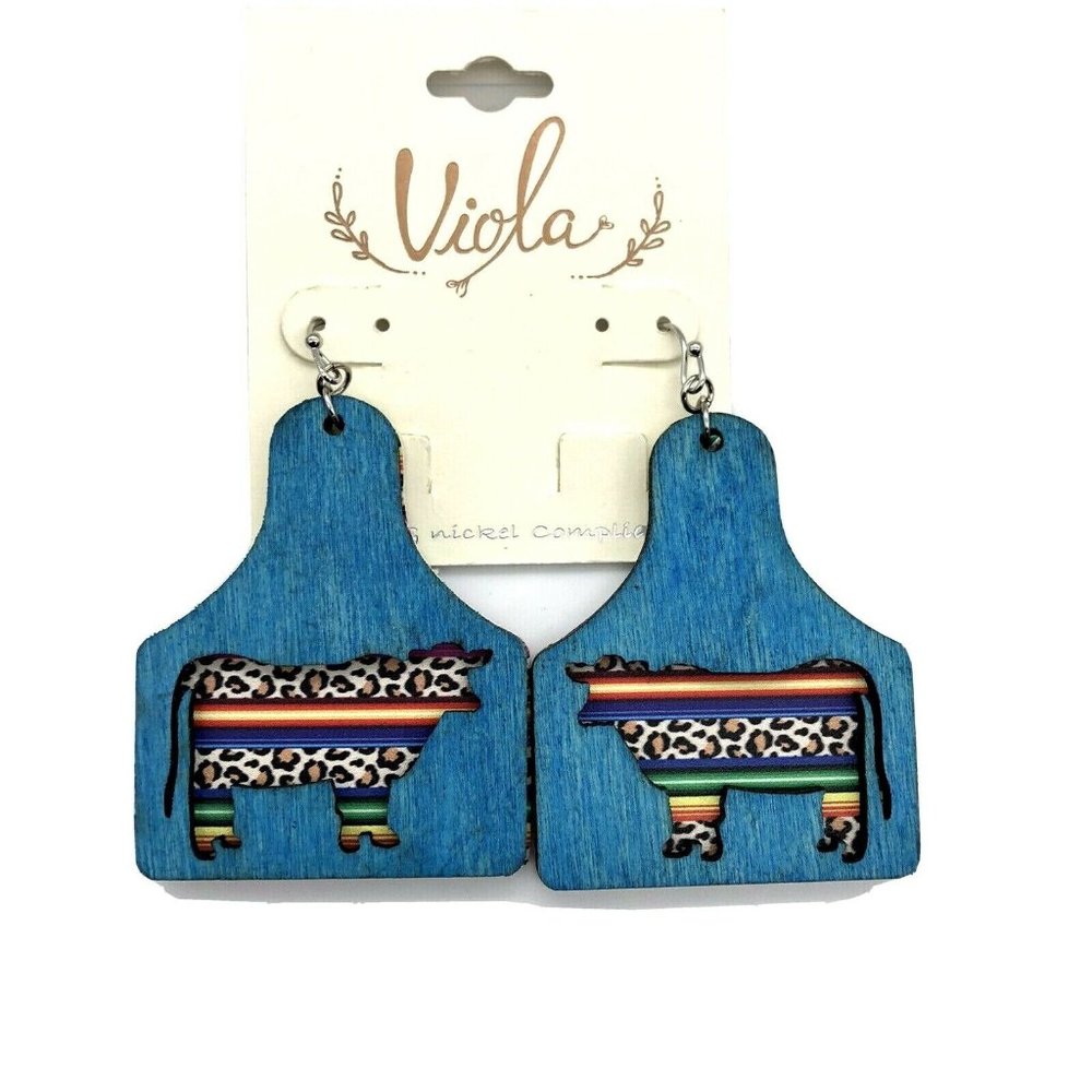 Viola Wooden Cow Cut Out Dangle Earrings Turquoise & Animal Print
